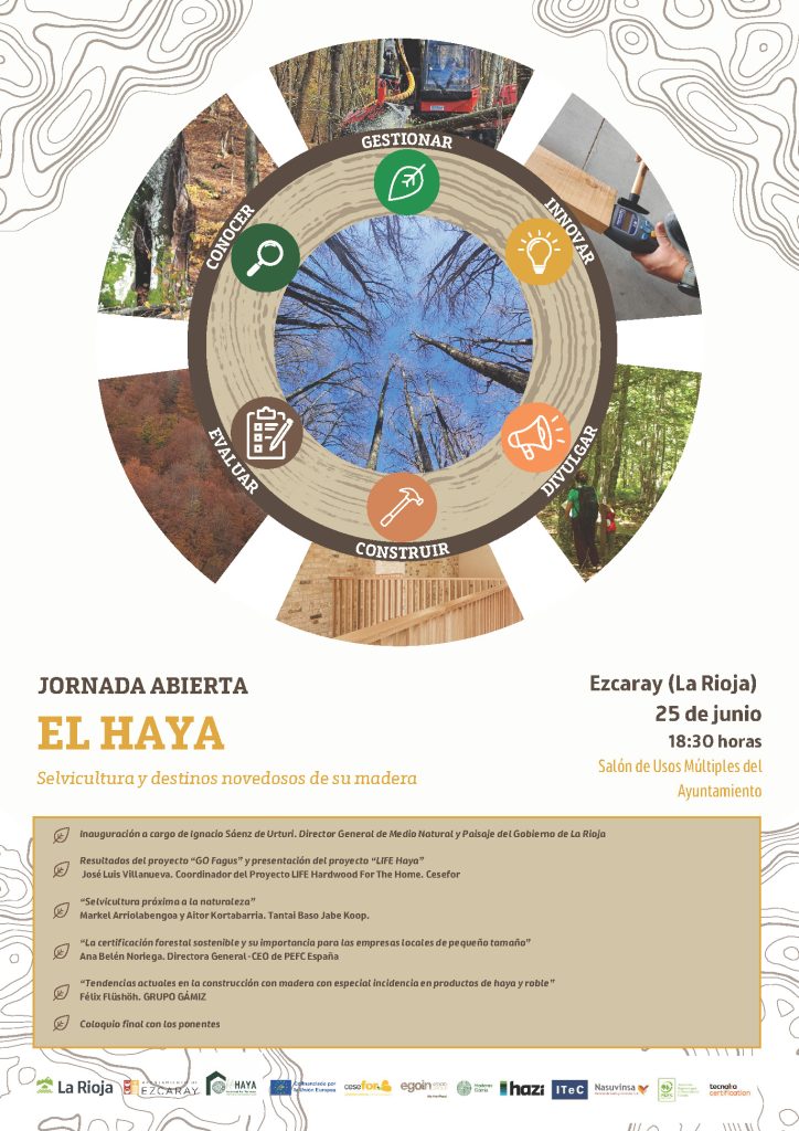 Cartel oficial de la Jornada sobre el Haya, la selvicultura y destinos novedosos de madera, celebrada en Ezcaray en junio de 2024