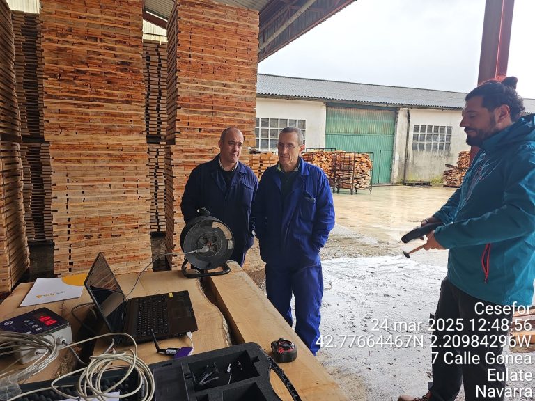 Tres personas en un aserradero navarro observan un equipo técnico sobre una mesa con ordenadores y sensores, rodeados de pilas de madera de haya.