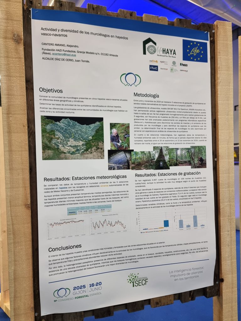 Fotografía del póster científico del proyecto LIFE HAYA presentado en el 9º Congreso Forestal Español 2025, centrado en la actividad y diversidad de murciélagos en hayedos vasco-navarros