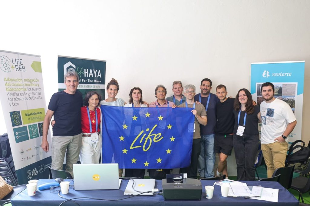 Foto de grupo de los socios del proyecto LIFE HAYA junto a representantes de los proyectos LIFE REB y RevierTE durante el 9º Congreso Forestal Español en Gijón 2025, sosteniendo una bandera del programa LIFE de la Unión Europea.