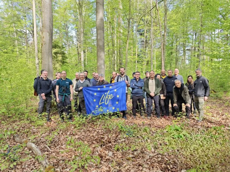 Grupo del proyecto LIFE HAYA con bandera azul de LIFE en un hayedo bávaro en primavera