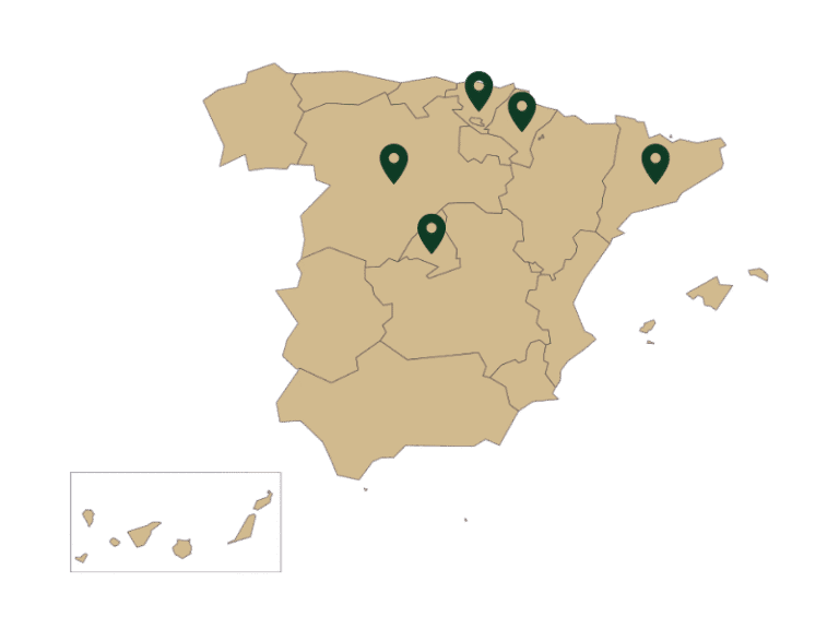 Mapa de España con marcadores que señalan las áreas de cooperación del Proyecto Life Haya para la gestión sostenible del haya y bosques de frondosas.