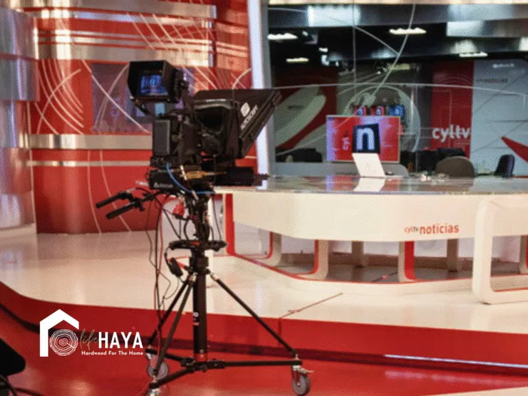 Estudio de television de los informativos de CyLTV donde se ve la mesa y y la silla del presentador, y la camara con el telepronter del set de noticias.