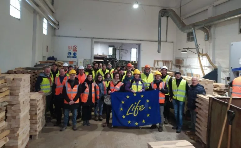 Grupo de participantes del comité, con chalecos y cascos, posan con la bandera LIFE en el interior de un taller de madera.