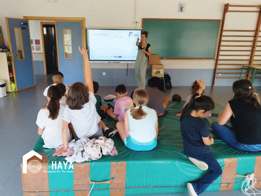 Silvia Gómez, investigadora de CESEDOR (uno de los socios principales del proyecto Life Haya) explica en una pantalla el mapa de distribución del haya a un grupo de escolares sentados en el gimnasio del colegio, con varias manos levantadas.