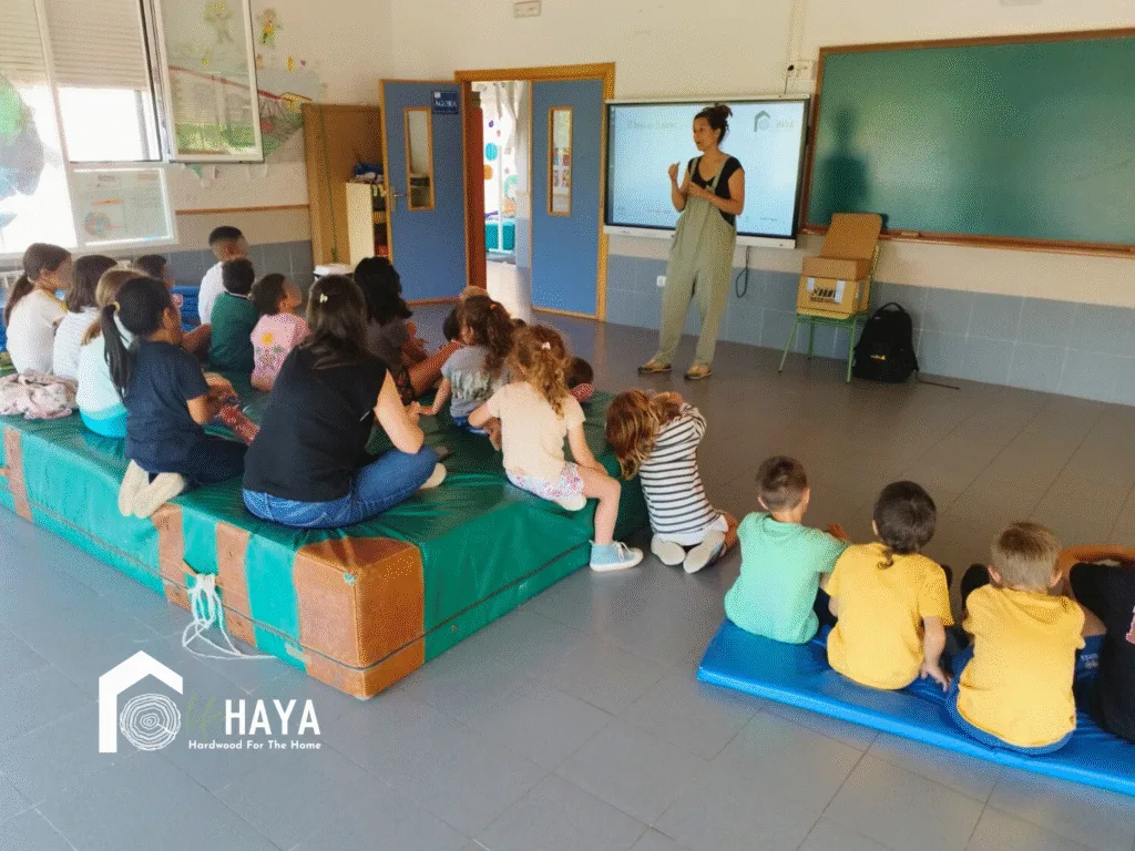 Silvia Gomez Fernández investigadora del proyecto LIFE HAYA explica a un grupo de niños sentados sobre colchonetas, un mapa del haya en España proyectado en la pantalla.