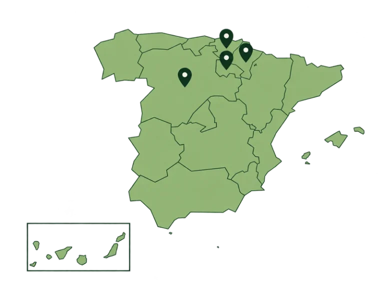 Mapa de las zonas de actuación de LIFE HAYA, con cuatro marcadores en Castilla y León, La Rioja, Navarra y el País Vasco.