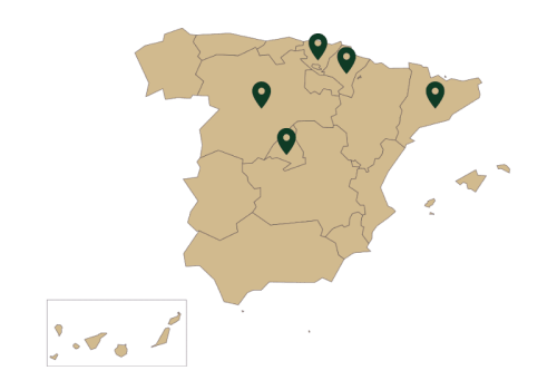 Mapa de España con marcadores que señalan las áreas de cooperación del Proyecto Life Haya para la gestión sostenible del haya y bosques de frondosas.